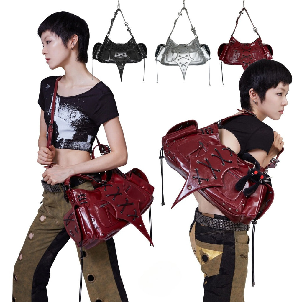 Gothic Punk "Black Warrior" Patent Corset Lacing Shoulder Bag - Y2K Darkwear Crossbody Tote with Utility Pockets