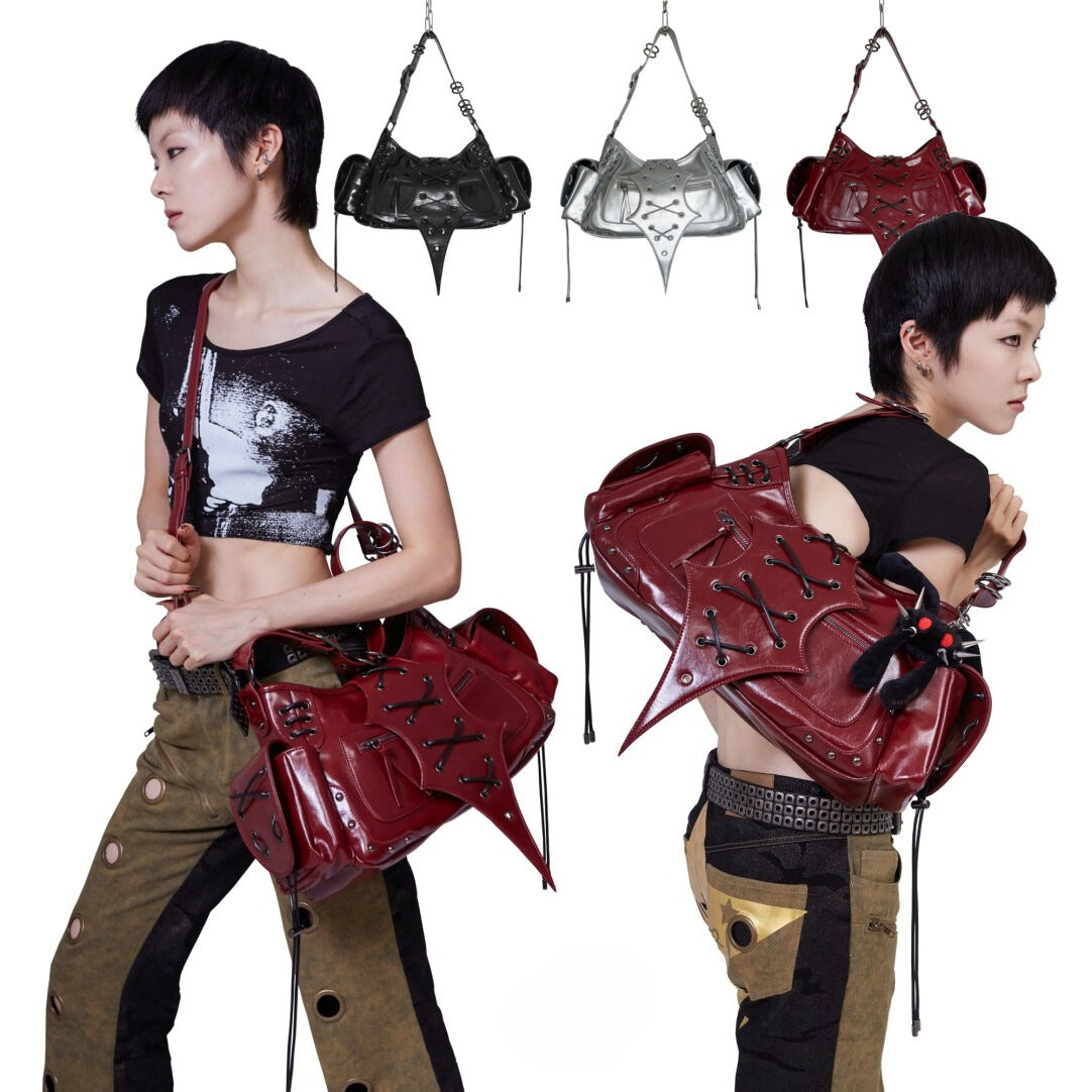 Gothic Punk "Black Warrior" Patent Corset Lacing Shoulder Bag - Y2K Darkwear Crossbody Tote with Utility Pockets