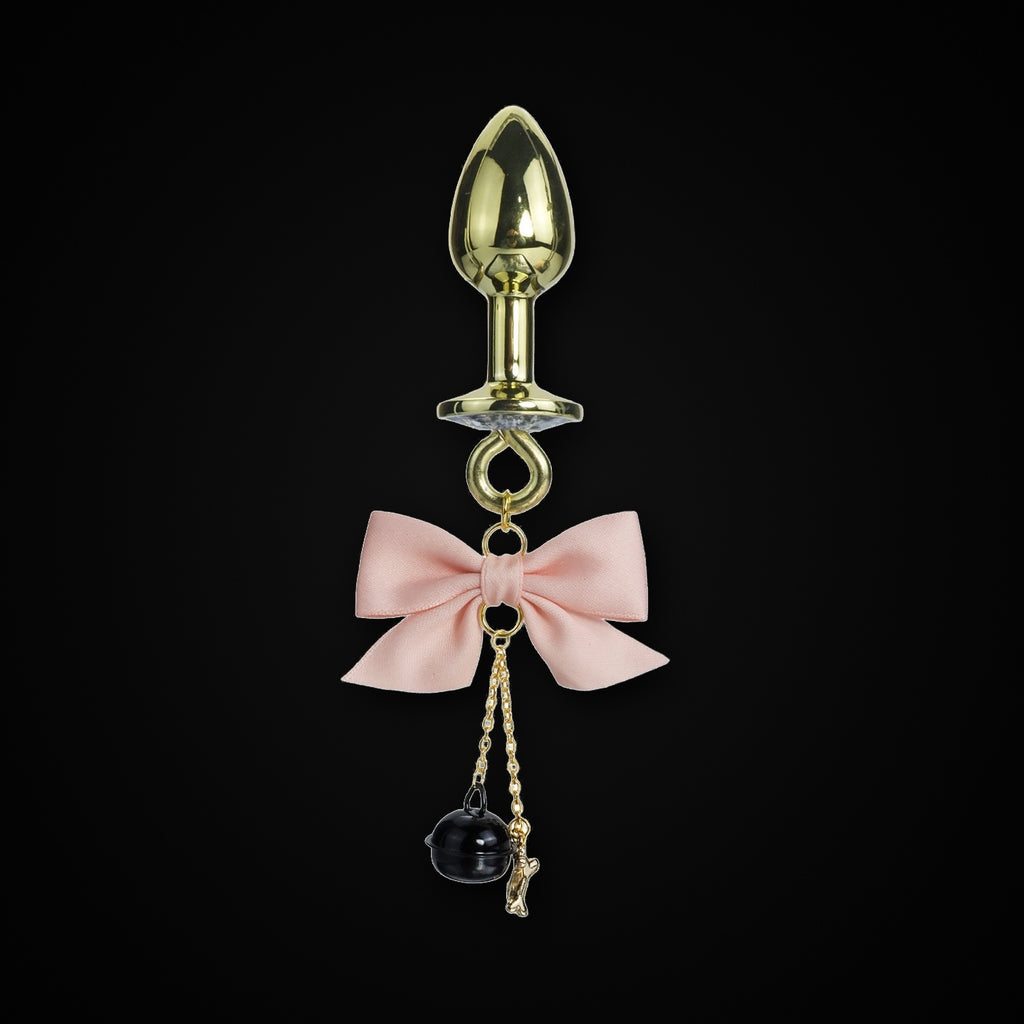 Gold-Tone Satin Bow Black Bell Jewel Plug in Pink