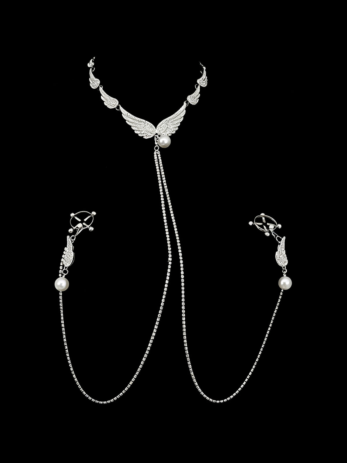Gothic Angel Choker - Pearl with Body Chain angle view | Blackyyds