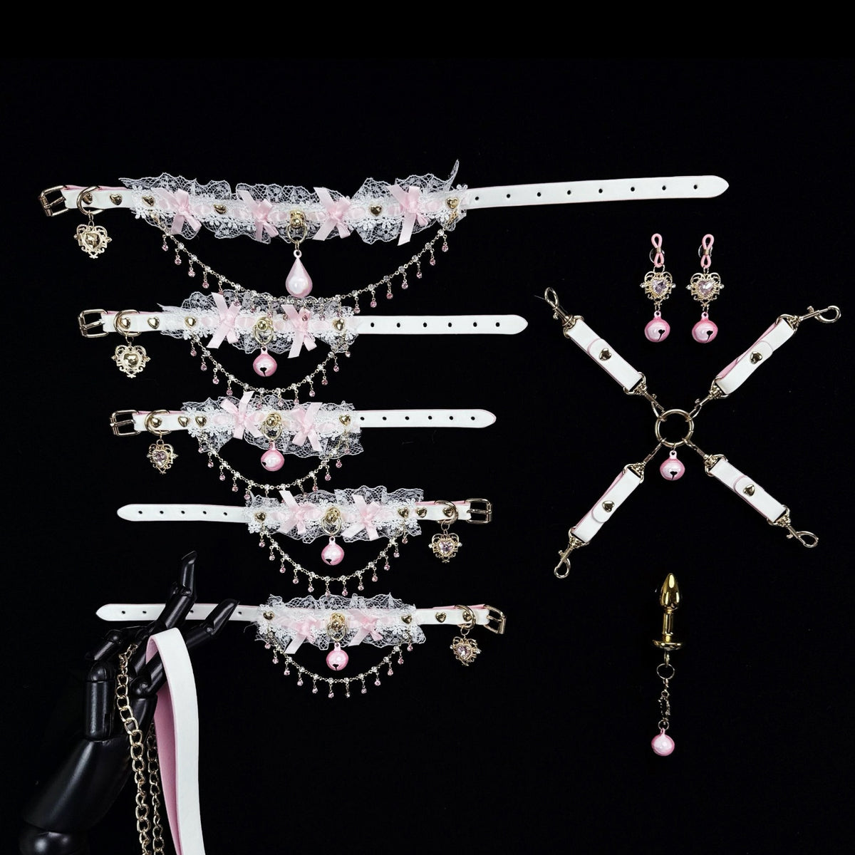 Gothic Bell Choker Bracelet Set - Pink-and-White Lace | Blackyyds