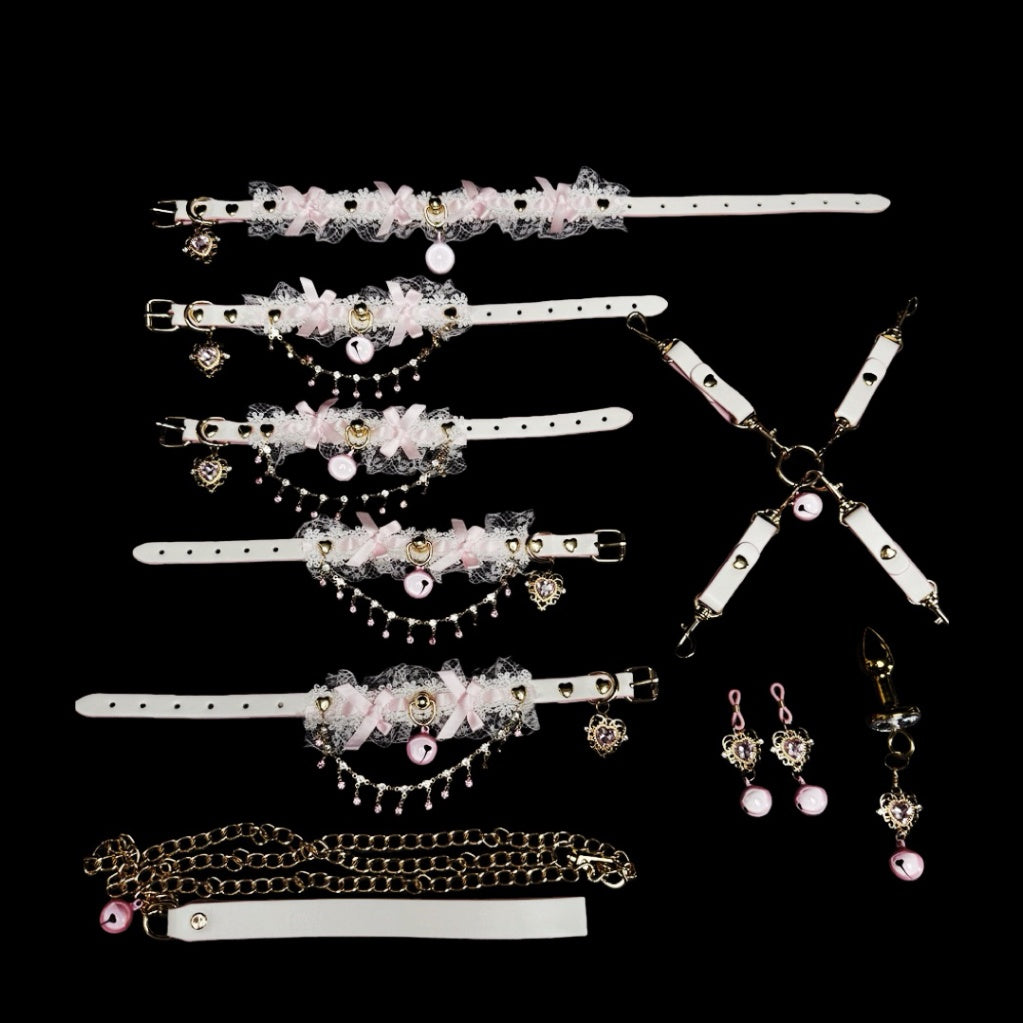 Gothic Bell Choker Bracelet Set - Pink-and-White Lace angle view | Blackyyds
