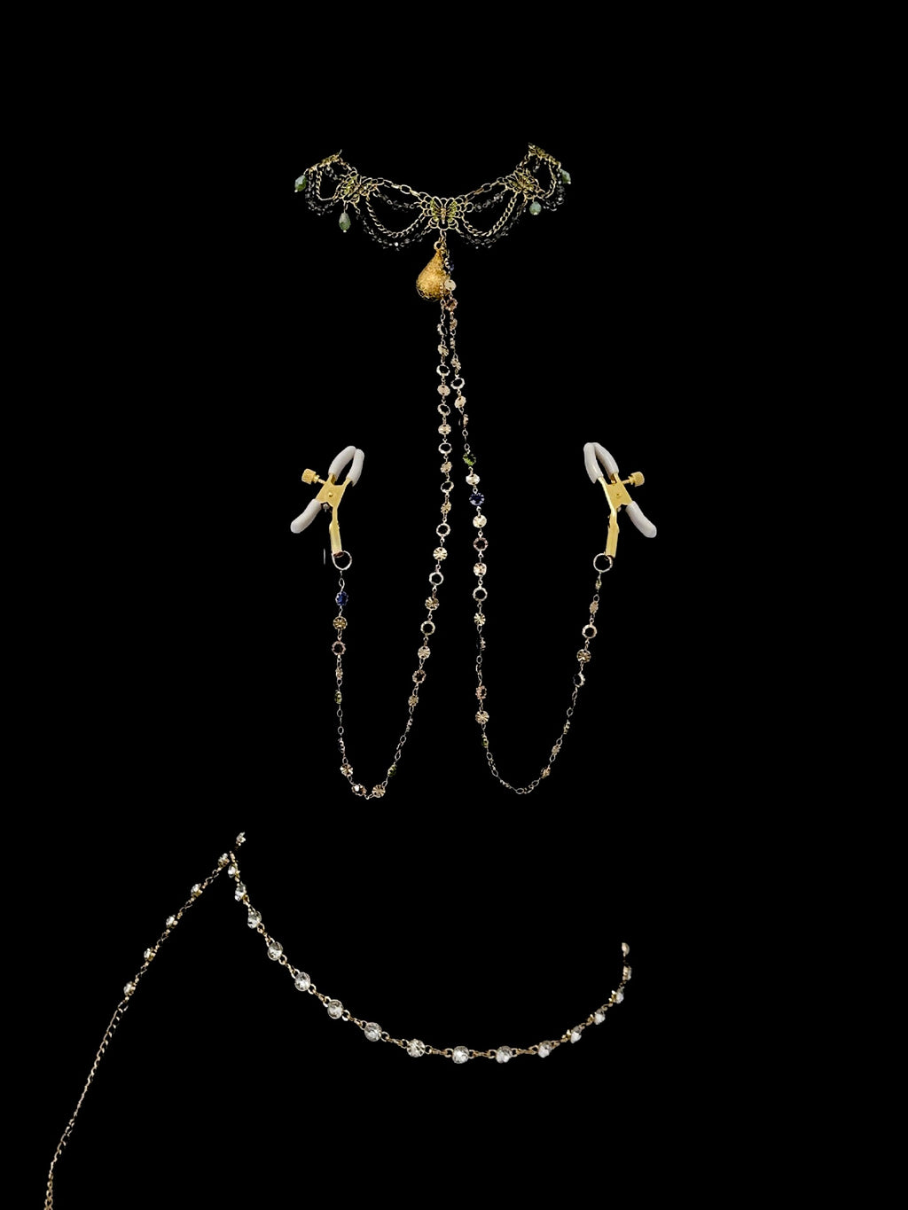 Gothic Bell Choker - Gold Rhinestone with Body Chain — view 1