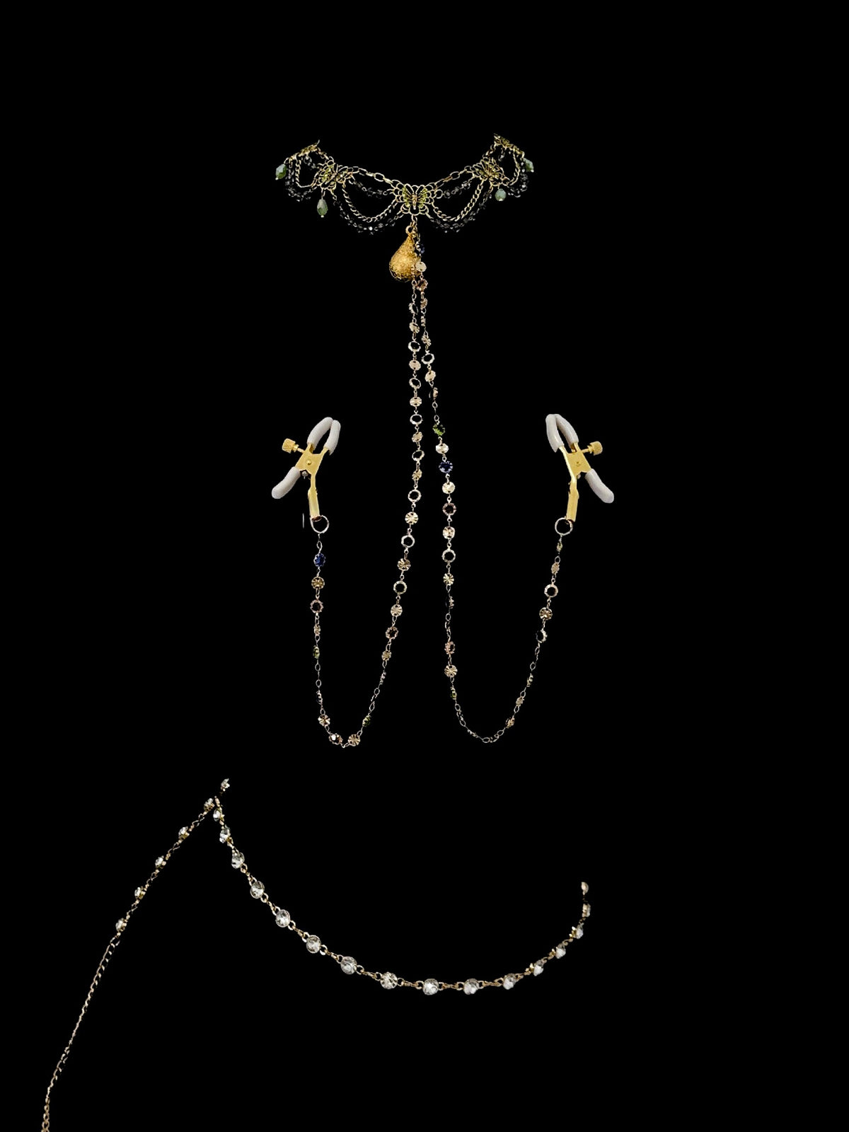Gothic Bell Choker - Gold Rhinestone with Body Chain — view 1