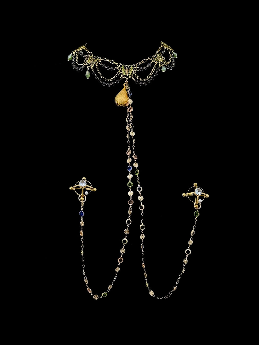 Gothic Bell Choker - Gold Rhinestone with Body Chain — view 1 alternate view 5 | Blackyyds