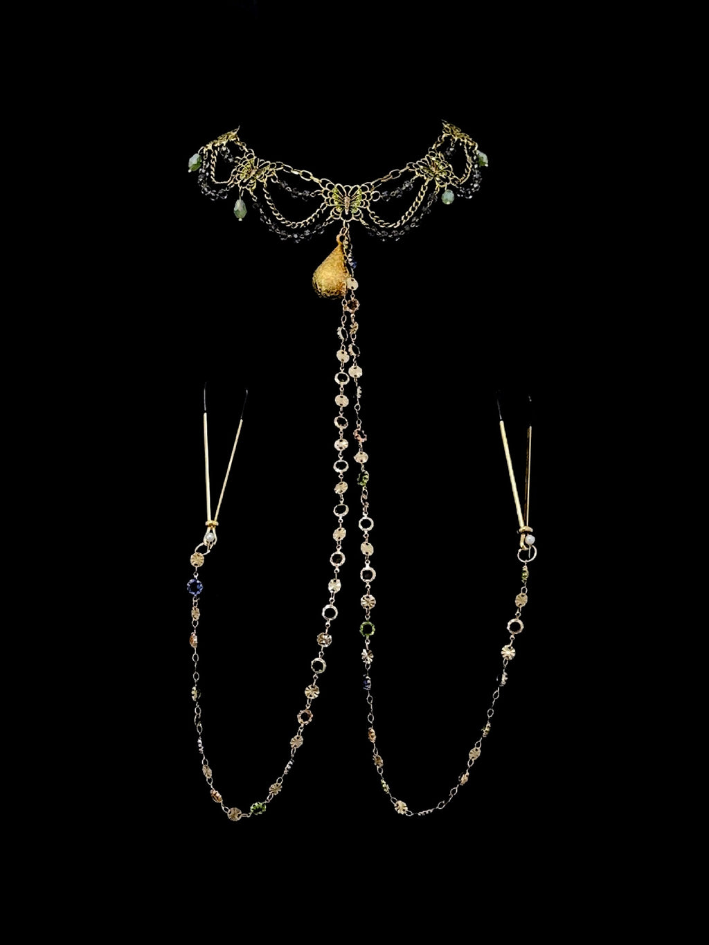 Gothic Bell Choker - Gold Rhinestone with Body Chain — view 6