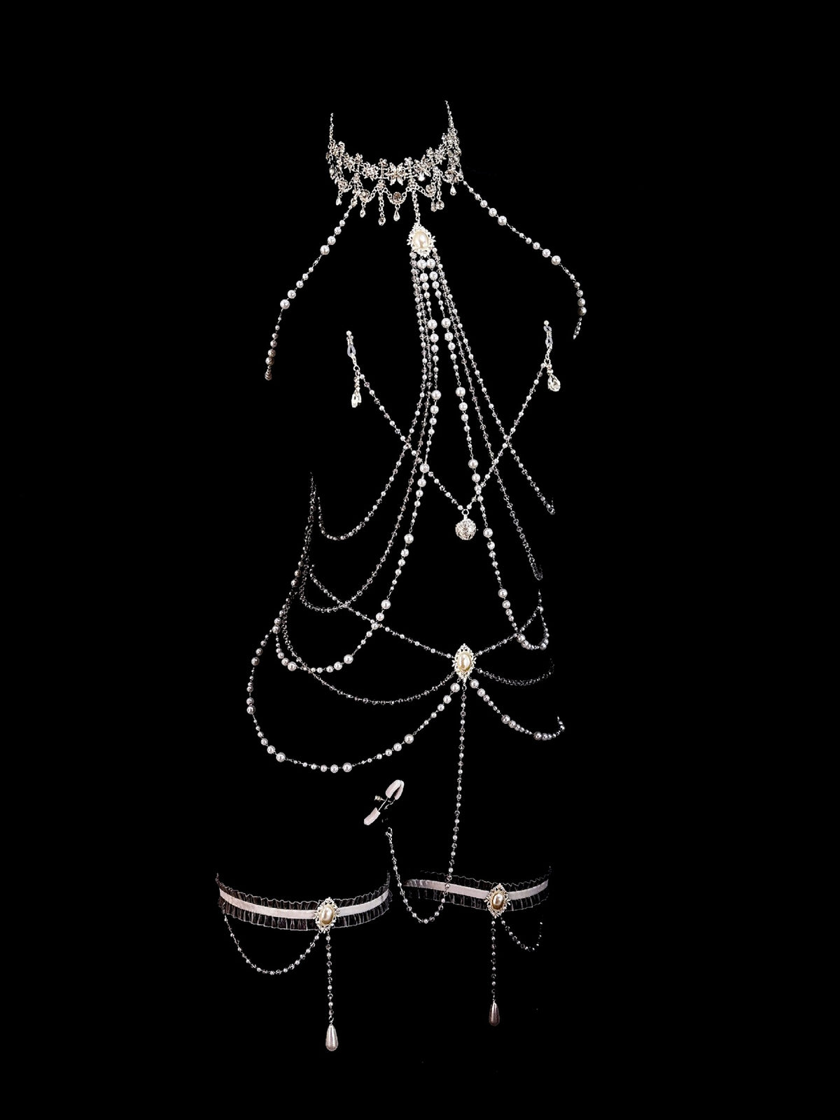 Gothic Bell Choker - White Pearl with Body Chain | Bell Accent — view 1