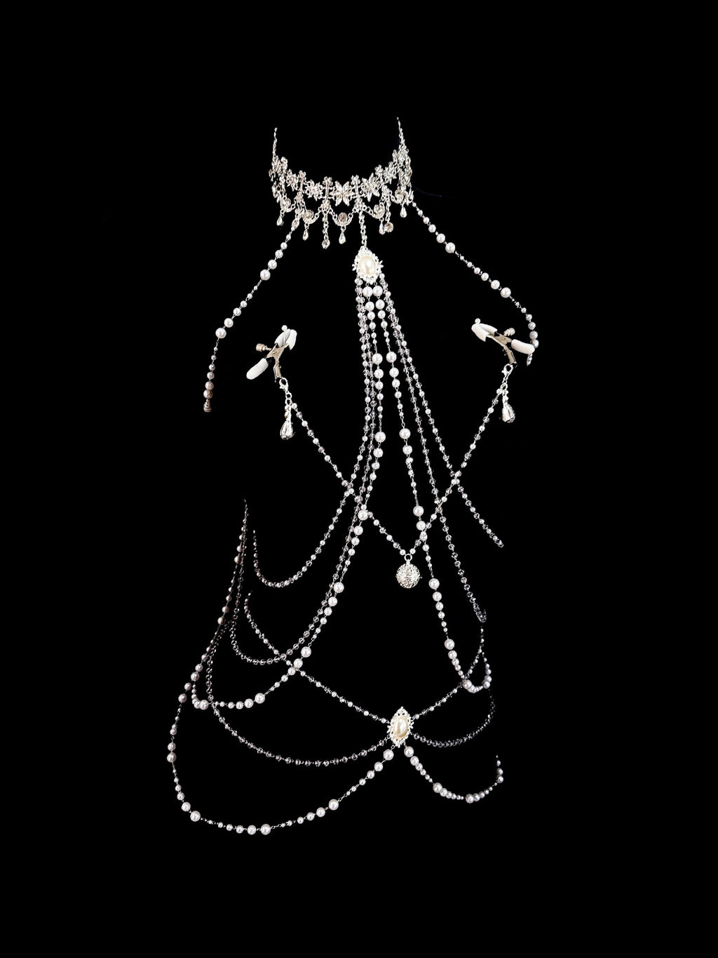 Gothic Bell Choker - White Pearl with Body Chain | Bell Accent — view 2