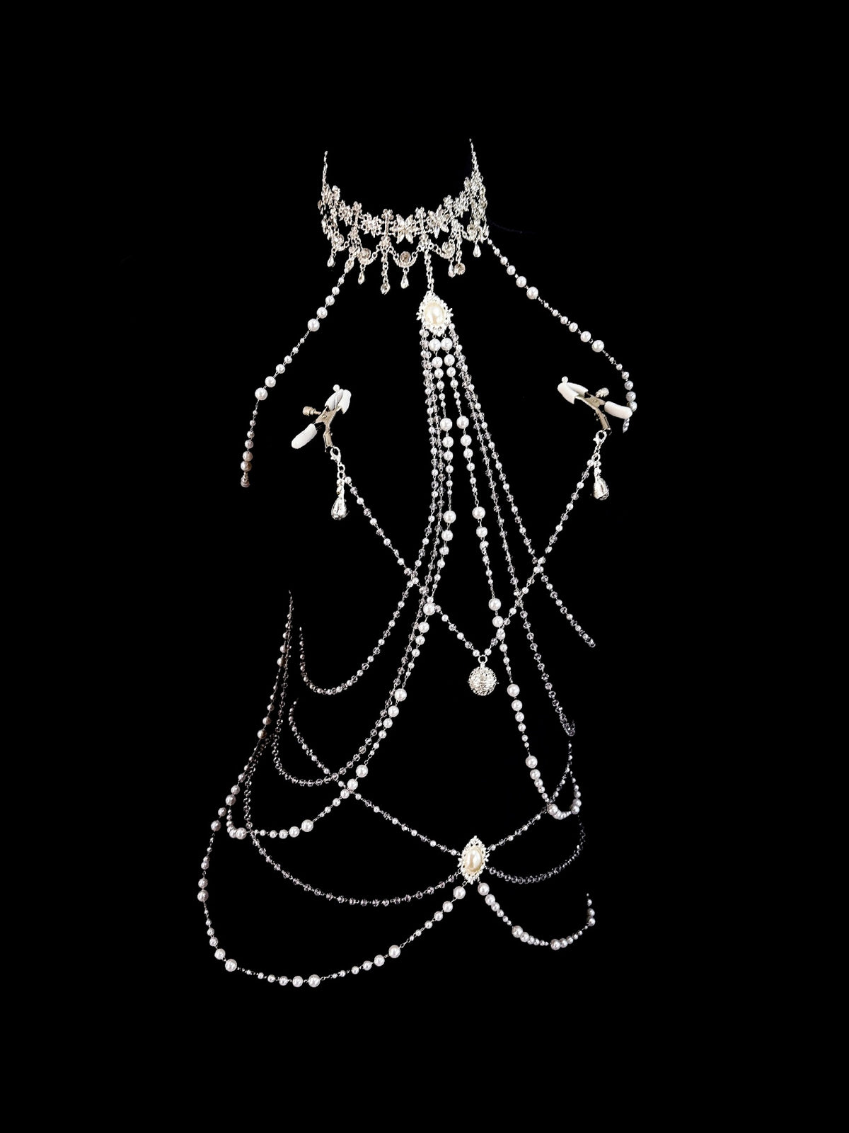 Gothic Bell Choker - White Pearl with Body Chain | Bell Accent — view 2