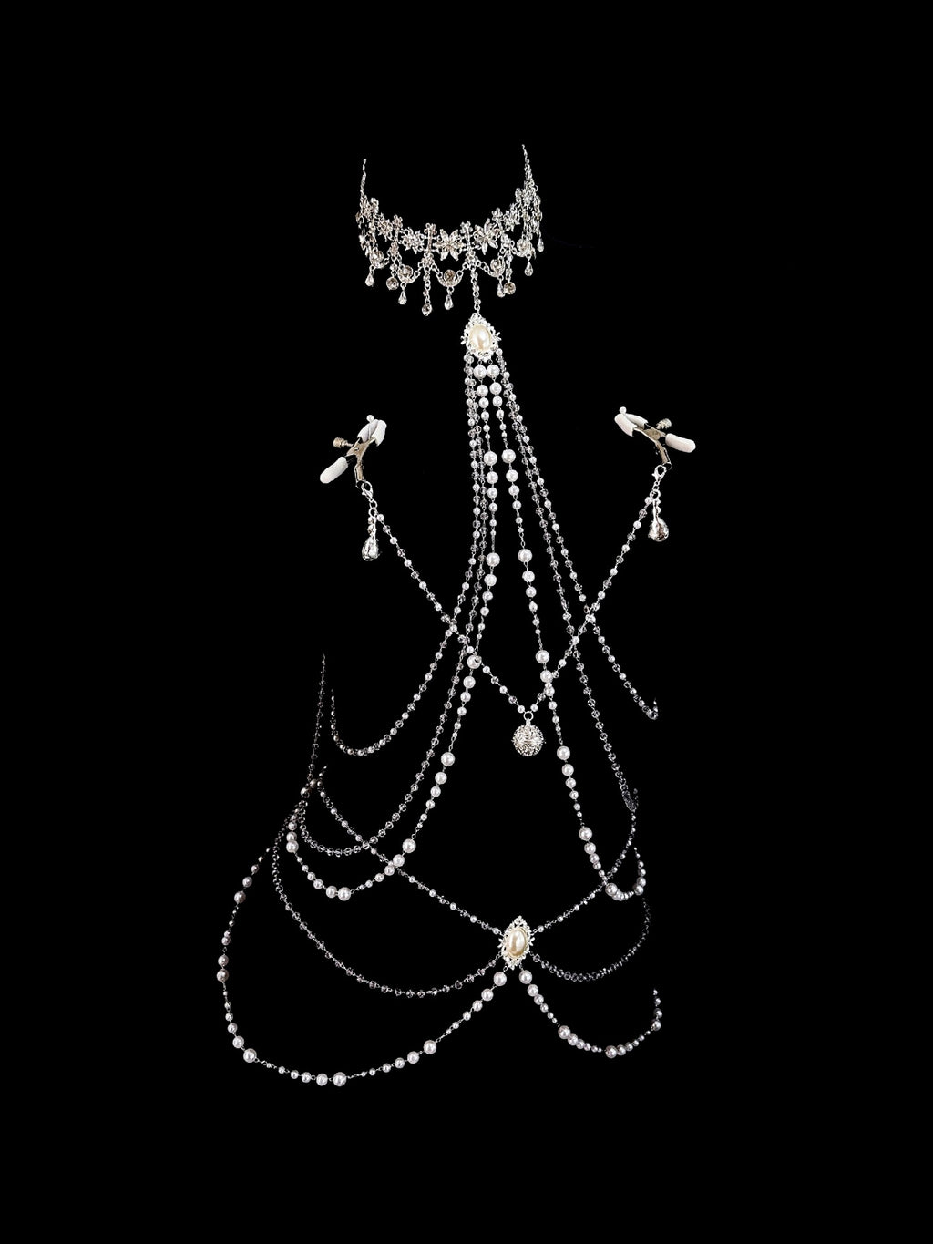 Gothic Bell Choker - White Pearl with Body Chain | Bell Accent — view 3