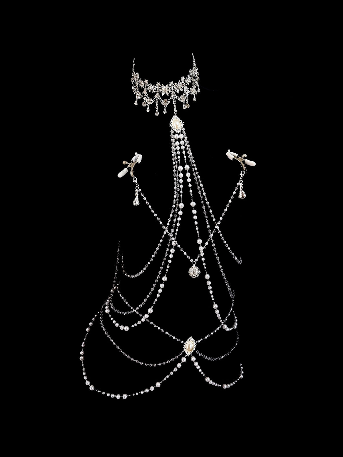 Gothic Bell Choker - White Pearl with Body Chain | Bell Accent — view 3