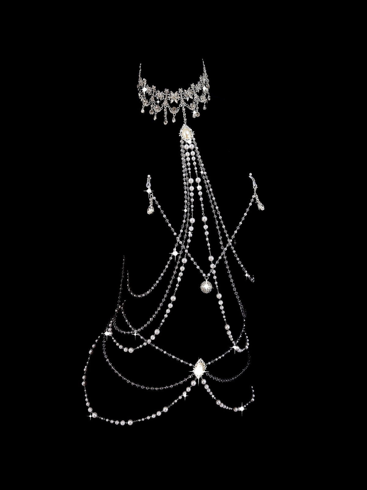 Gothic Bell Choker - White Pearl with Body Chain | Bell Accent — view 4