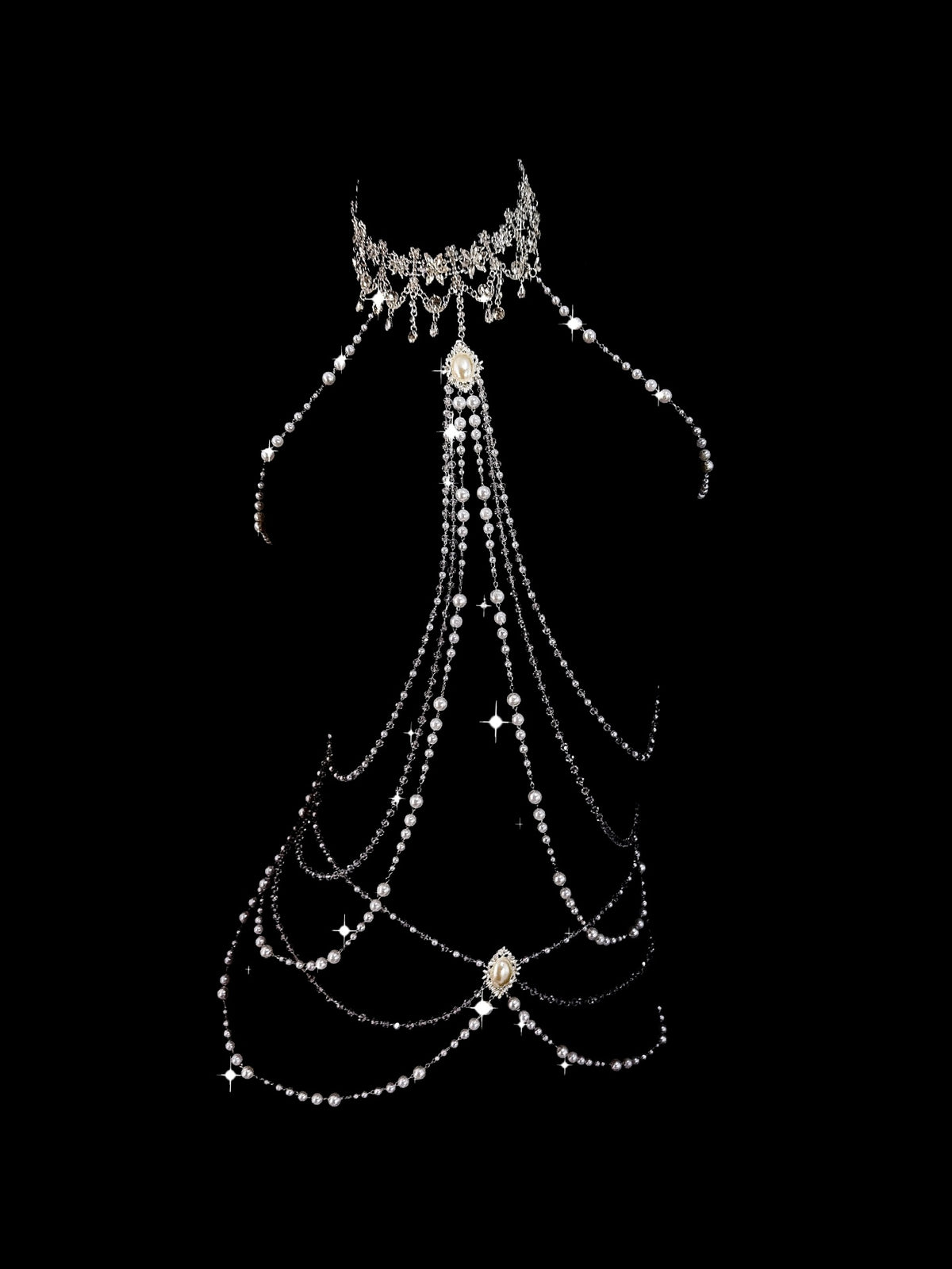 Gothic Bell Choker - White Pearl with Body Chain | Bell Accent — view 1 alternate view 5 | Blackyyds