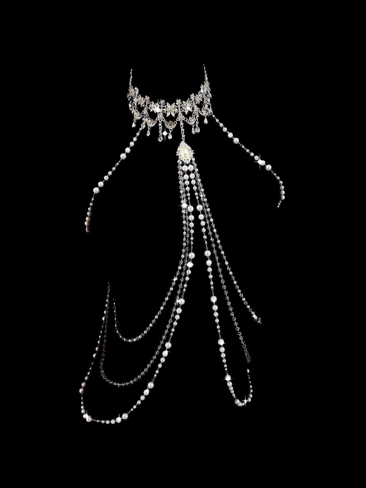 Gothic Bell Choker - White Pearl with Body Chain | Bell Accent — view 1 alternate view 6 | Blackyyds