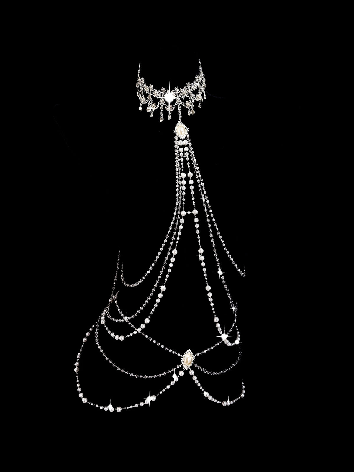 Gothic Bell Choker - White Pearl with Body Chain | Bell Accent — view 5