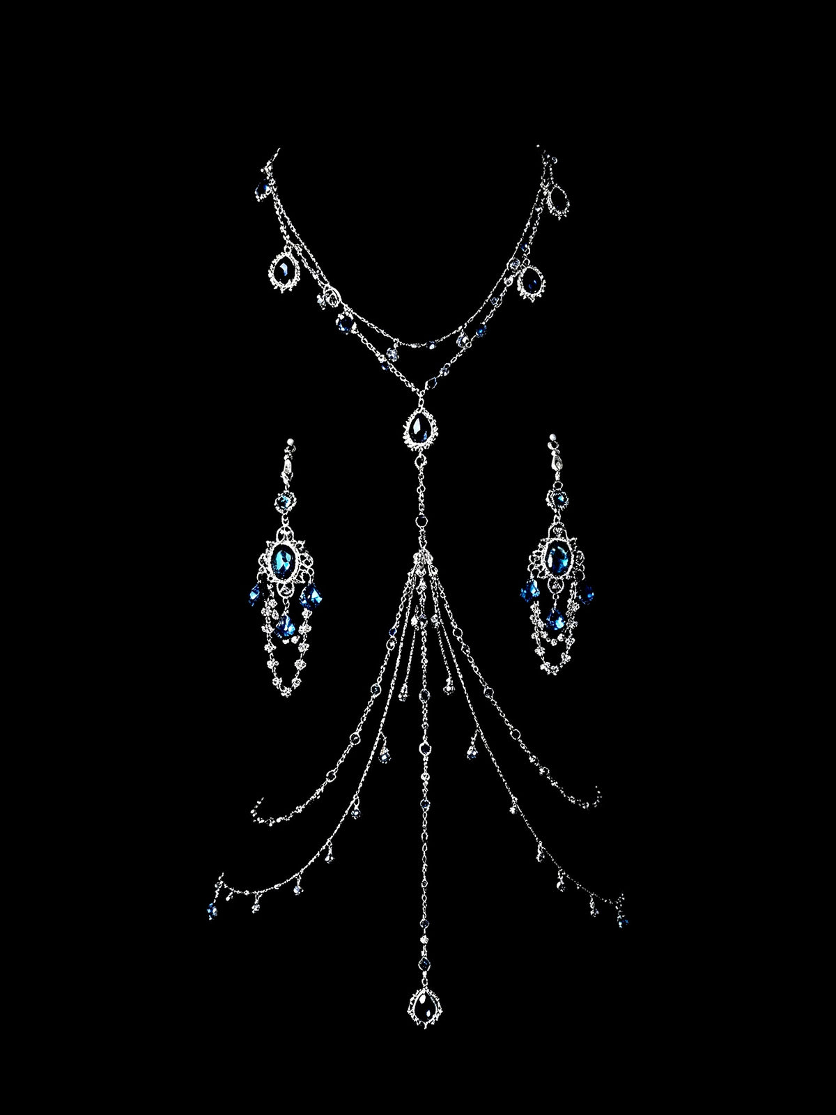 Gothic Blue Crystal Pendant - with Body Chain - gothic choker | Blackyyds