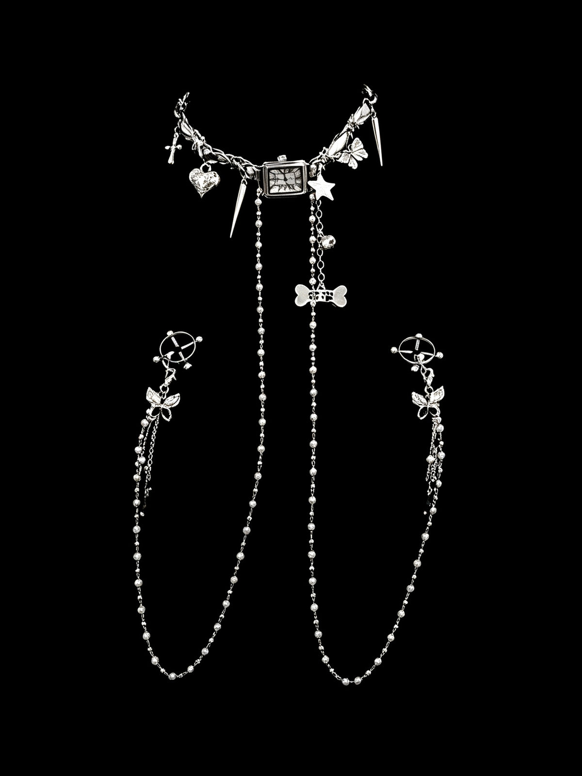 Gothic Bone Butterfly Choker - with Body Chain angle view | Blackyyds