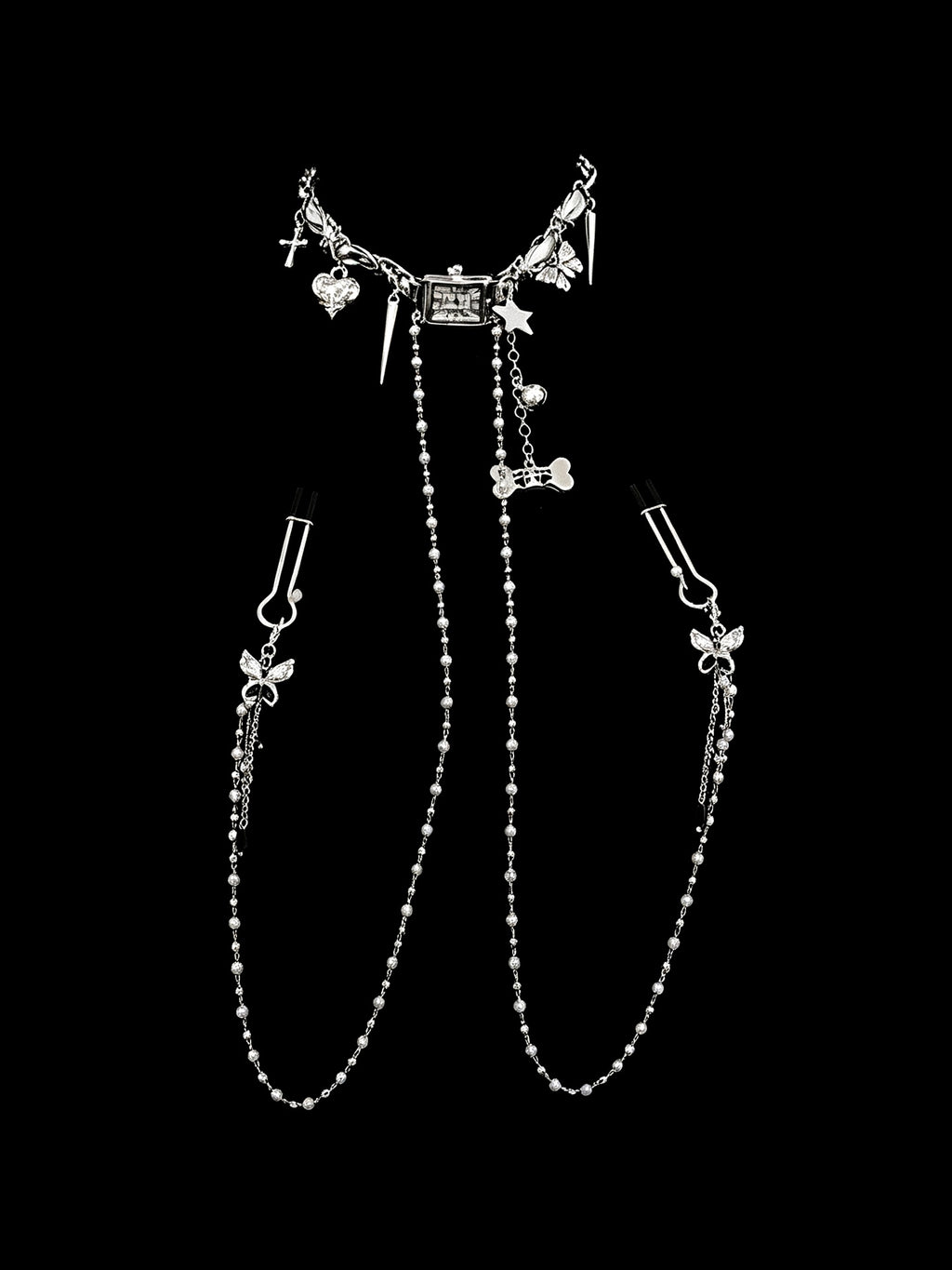 Gothic Bone Butterfly Choker - with Body Chain belly chain detail shot | Blackyyds