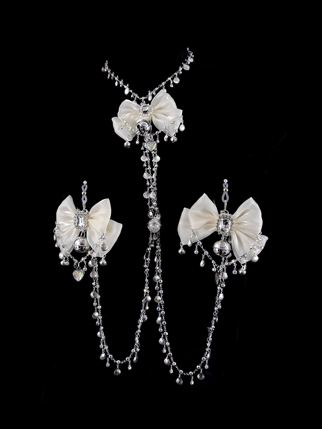 Gothic Bow Bell Choker - Rhinestone with Body Chain close-up detail | Blackyyds