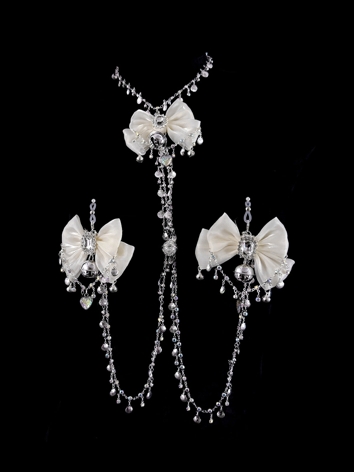 Gothic Bow Bell Choker - Rhinestone with Body Chain close-up detail | Blackyyds