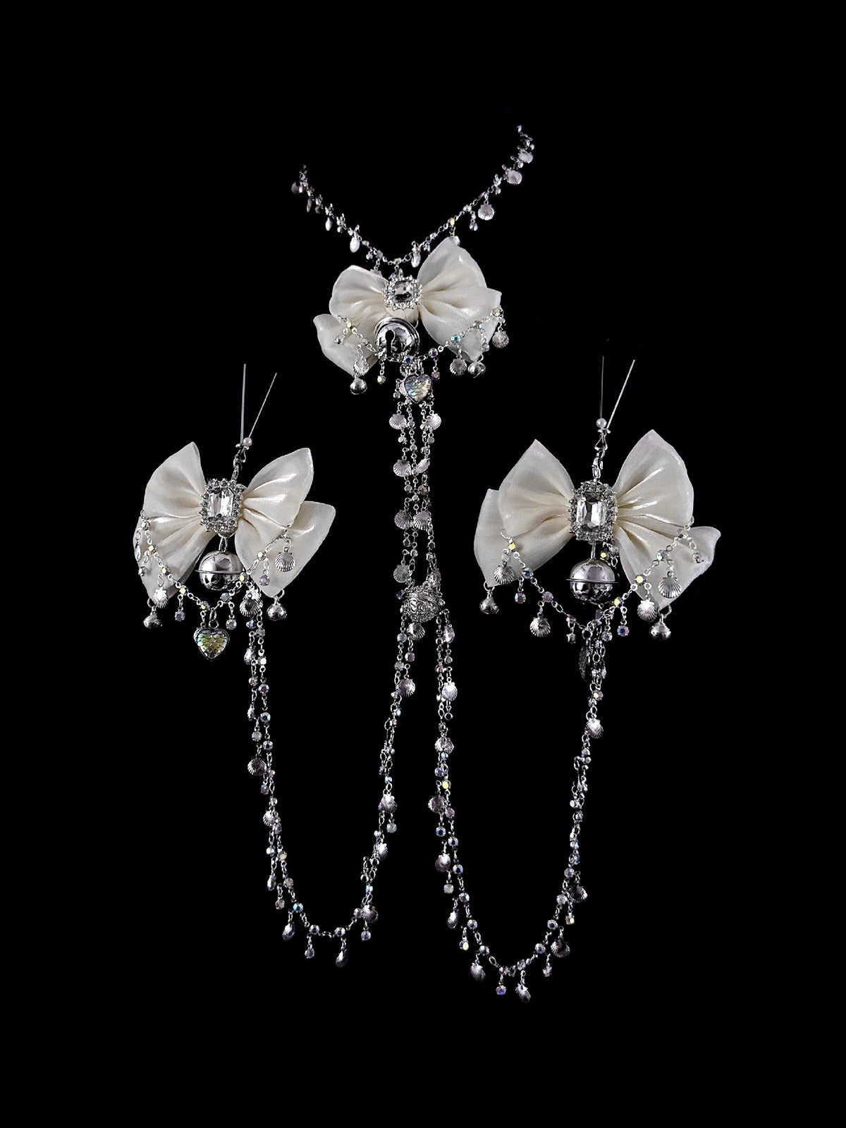 Gothic Bow Bell Choker - Rhinestone with Body Chain angle view | Blackyyds