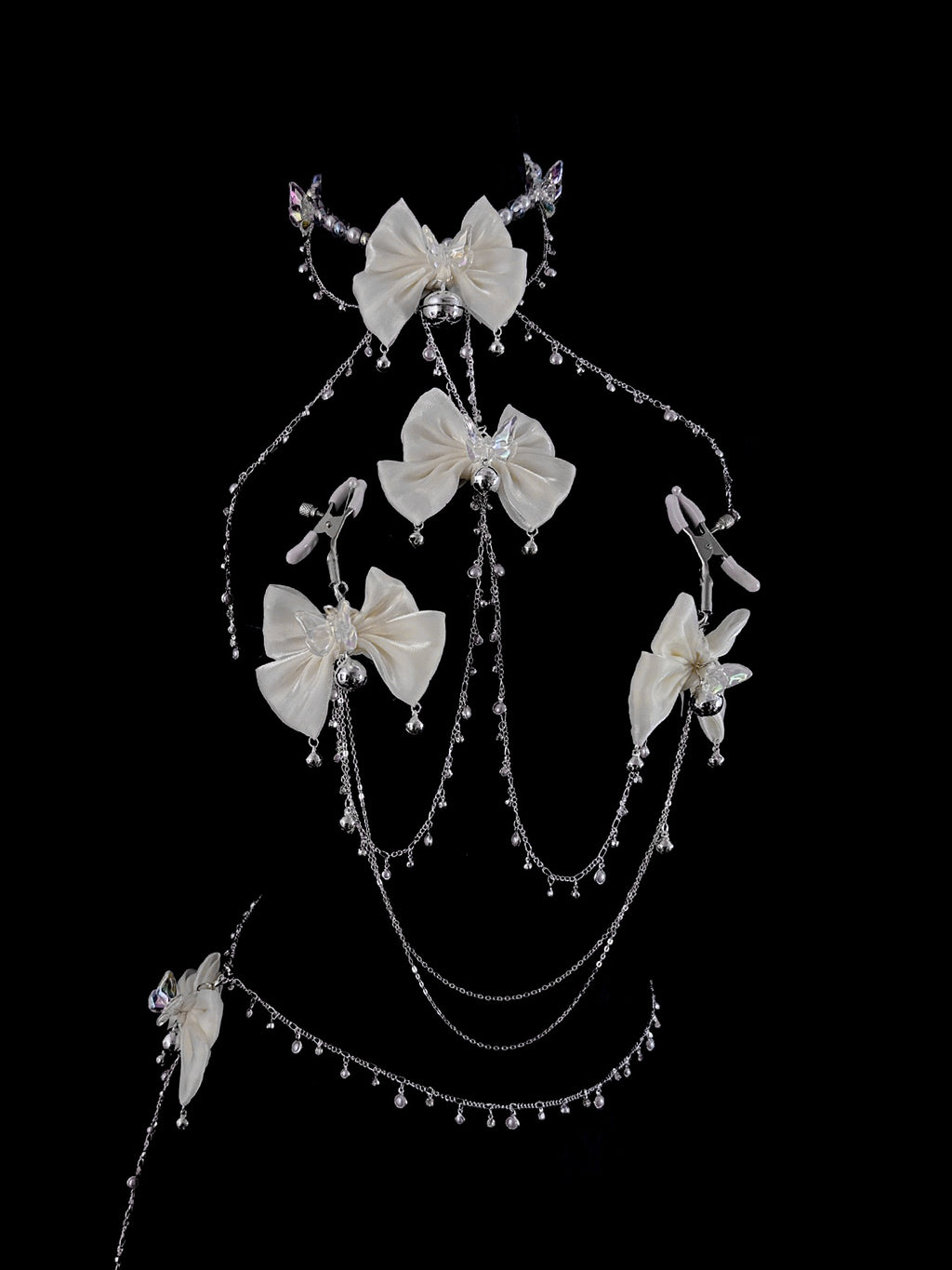 Gothic Bow Bell Choker - Satin with Body Chain close-up detail | Blackyyds