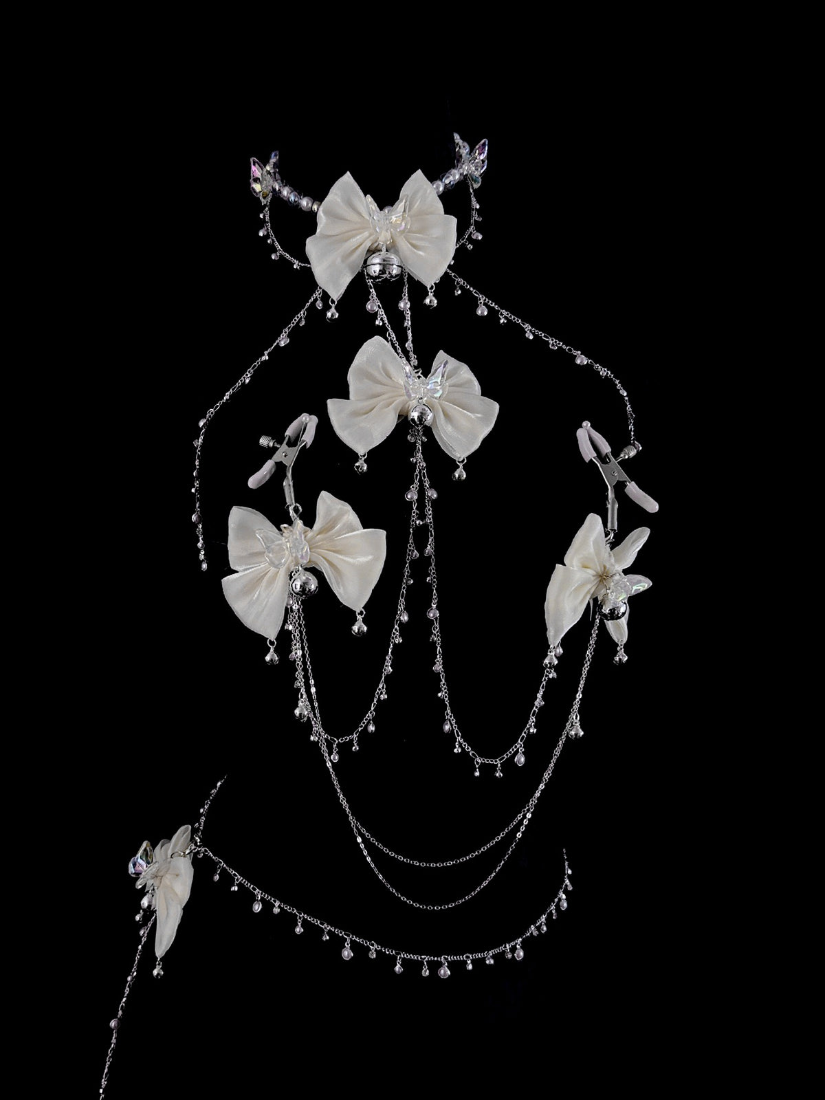 Gothic Bow Bell Choker - Satin with Body Chain close-up detail | Blackyyds
