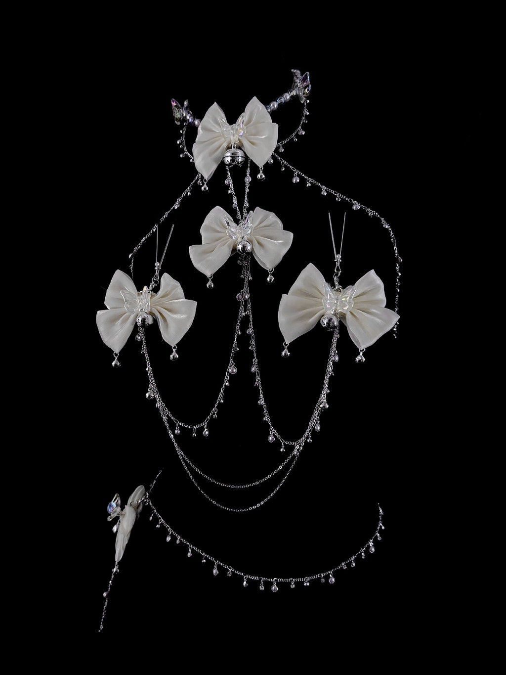 Gothic Bow Bell Choker - Satin with Body Chain angle view | Blackyyds