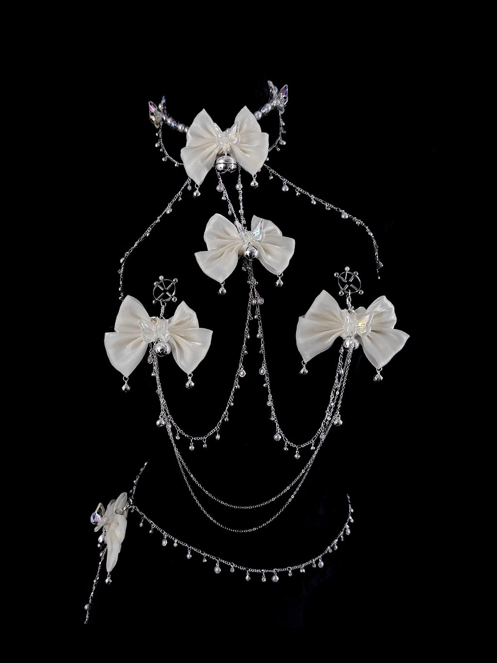 Gothic Bow Bell Choker - Satin with Body Chain belly chain detail shot | Blackyyds