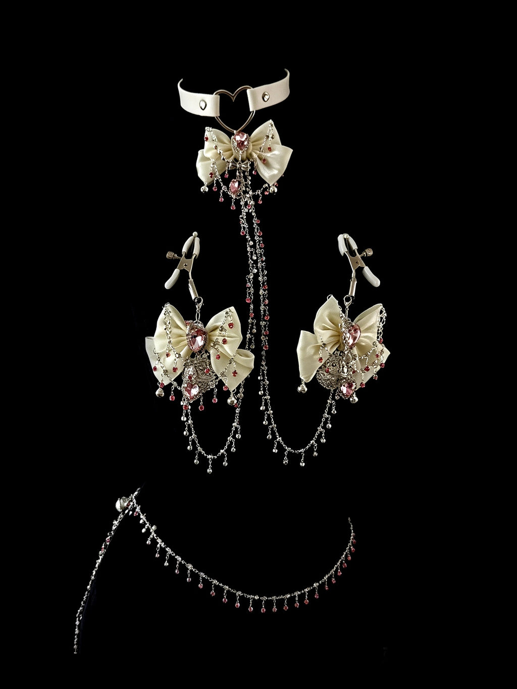 Gothic Bow Bell Choker - White with Body Chain | Blackyyds
