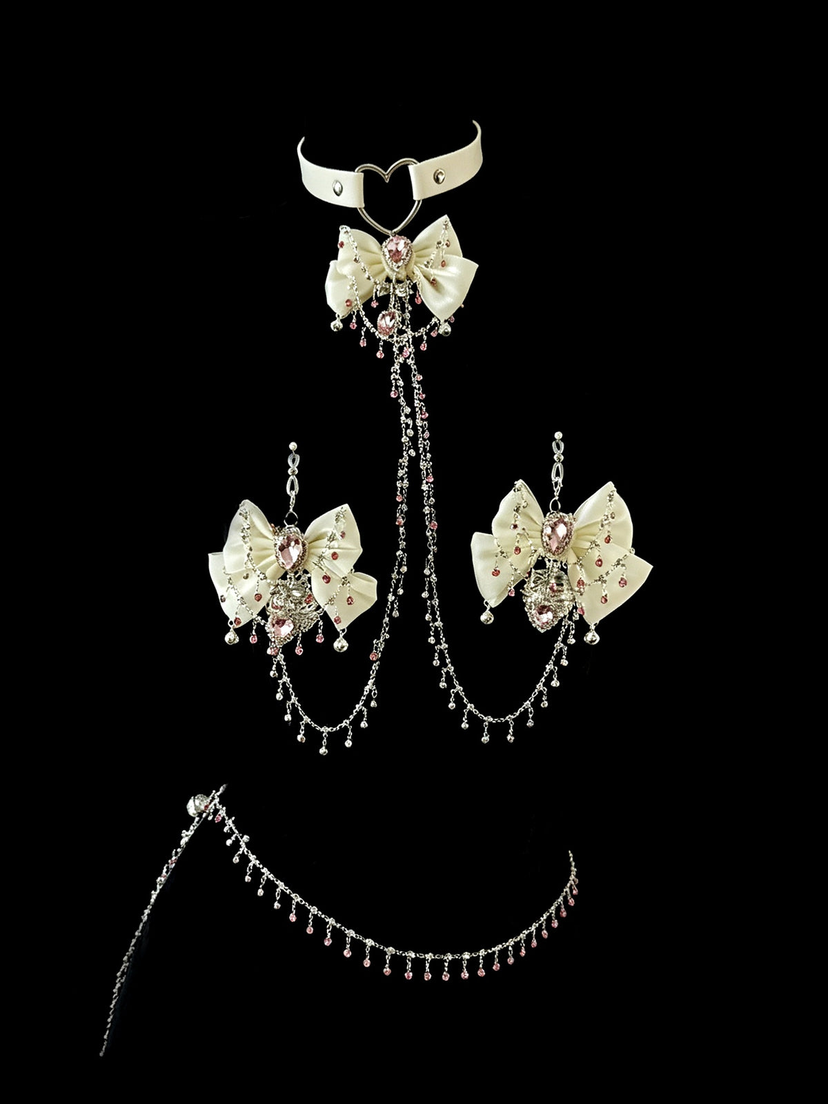 Gothic Bow Bell Choker - White with Body Chain close-up detail | Blackyyds