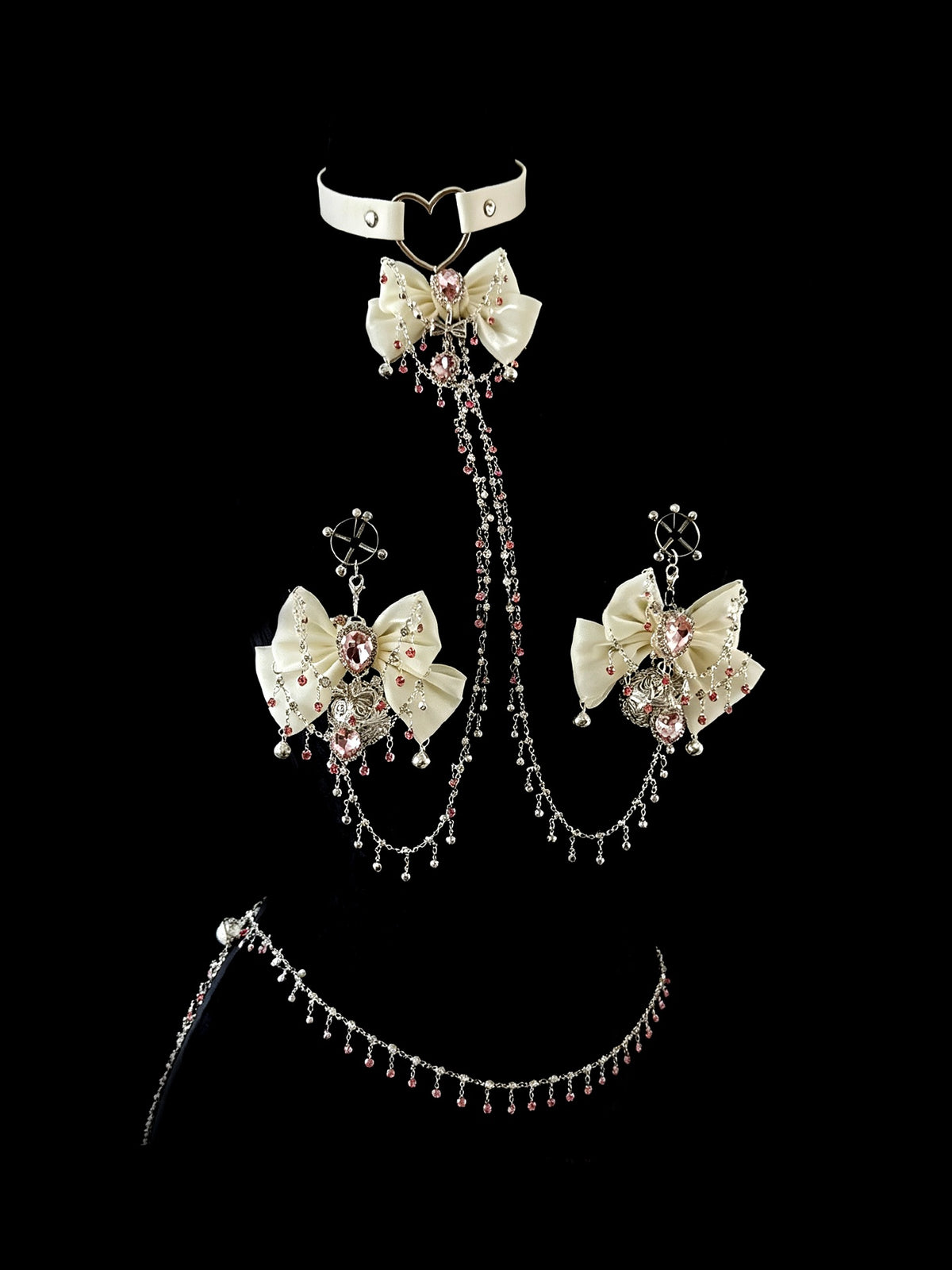 Gothic Bow Bell Choker - White with Body Chain product view 2 | Blackyyds