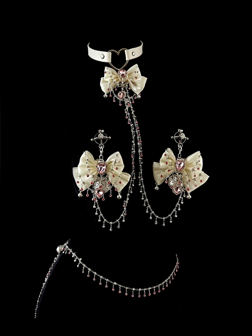 Gothic Bow Bell Choker - White with Body Chain angle view | Blackyyds