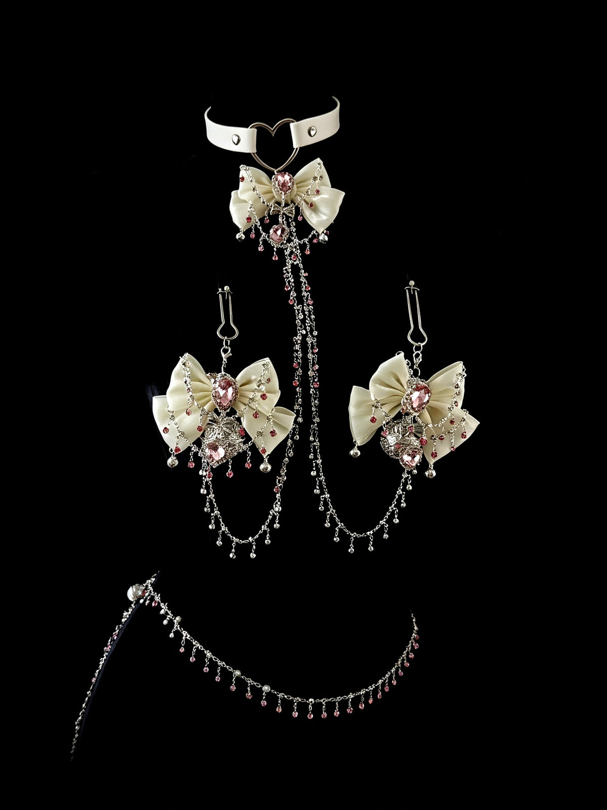 Gothic Bow Bell Choker - White with Body Chain belly chain detail shot | Blackyyds