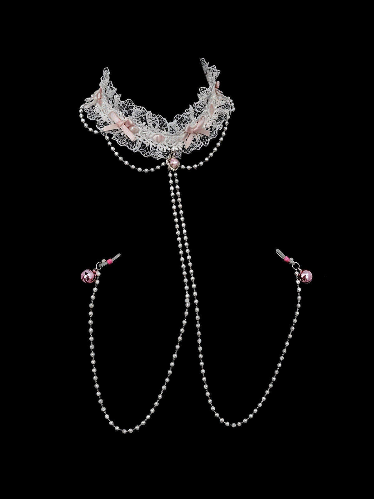 Gothic Bow Choker - Pearl Lace with Body Chain | Alt Fashion Collar — view 1 alternate view 1 | Blackyyds