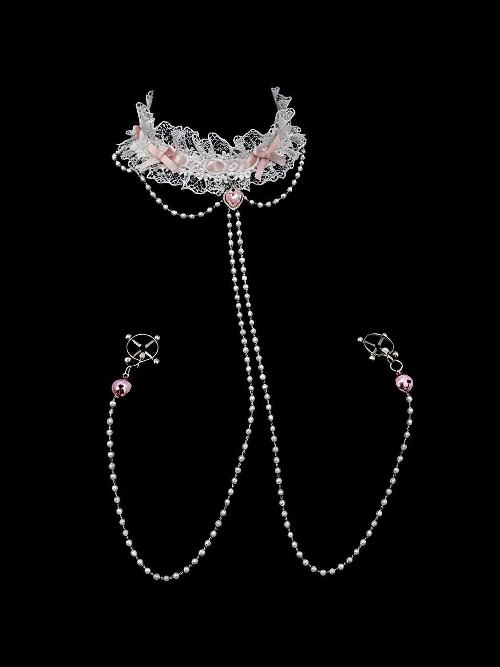 Gothic Bow Choker - Pearl Lace with Body Chain | Alt Fashion Collar — view 1