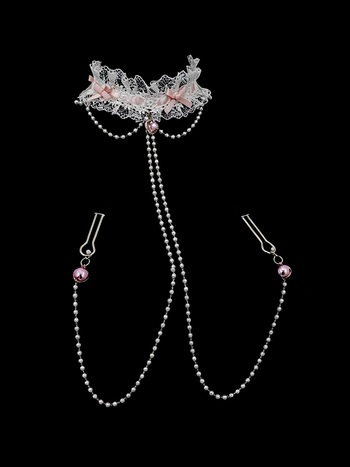 Gothic Bow Choker - Pearl Lace with Body Chain | Alt Fashion Collar — view 3