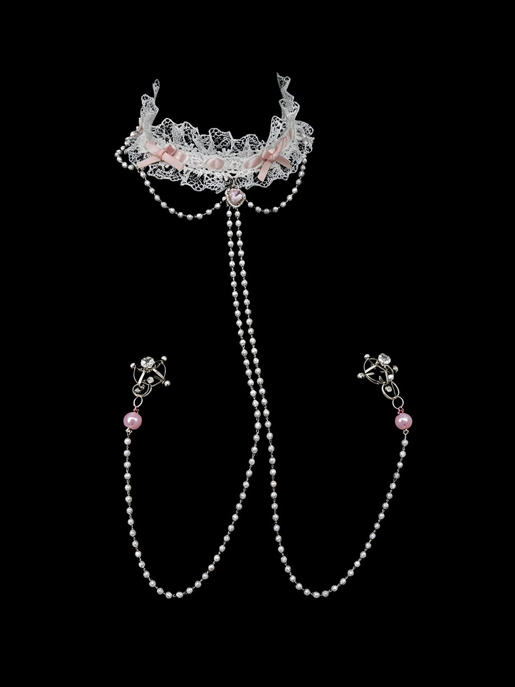 Gothic Bow Choker - Pearl Lace with Body Chain | Alt Fashion Collar — view 1 alternate view 5 | Blackyyds