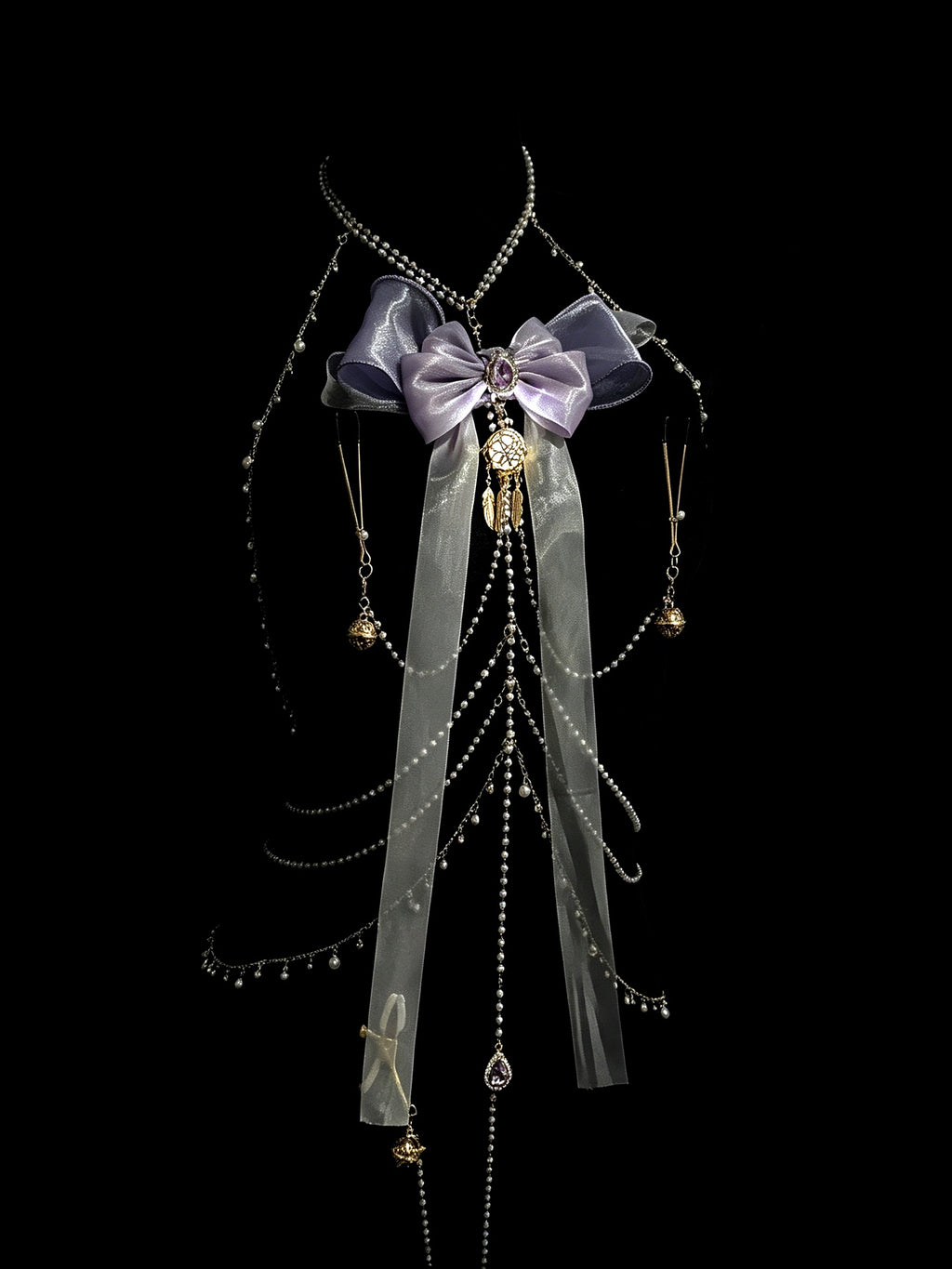 Gothic Bow Ribbon Choker - with Body Chain close-up detail | Blackyyds