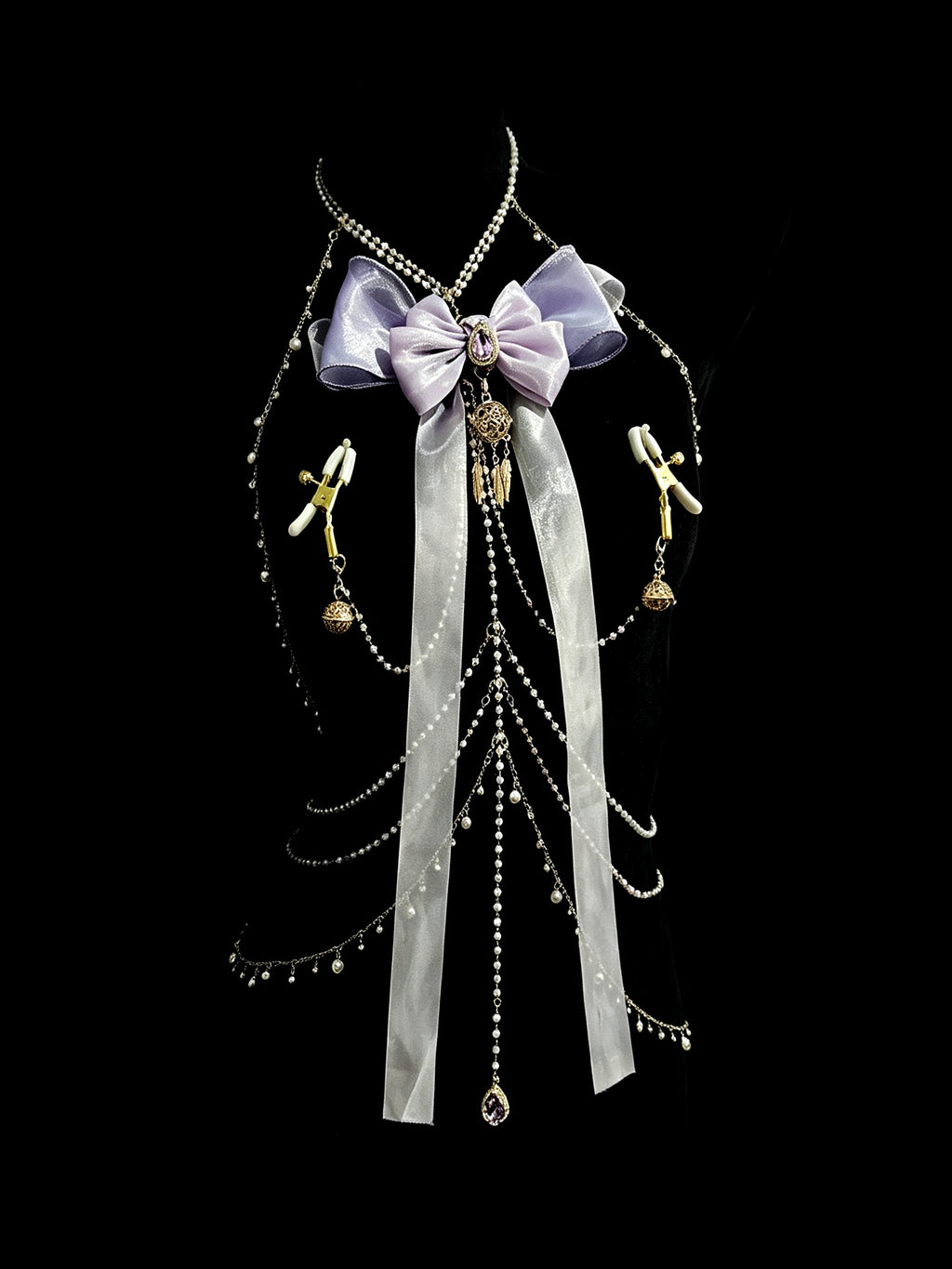 Gothic Bow Ribbon Choker - with Body Chain angle view | Blackyyds
