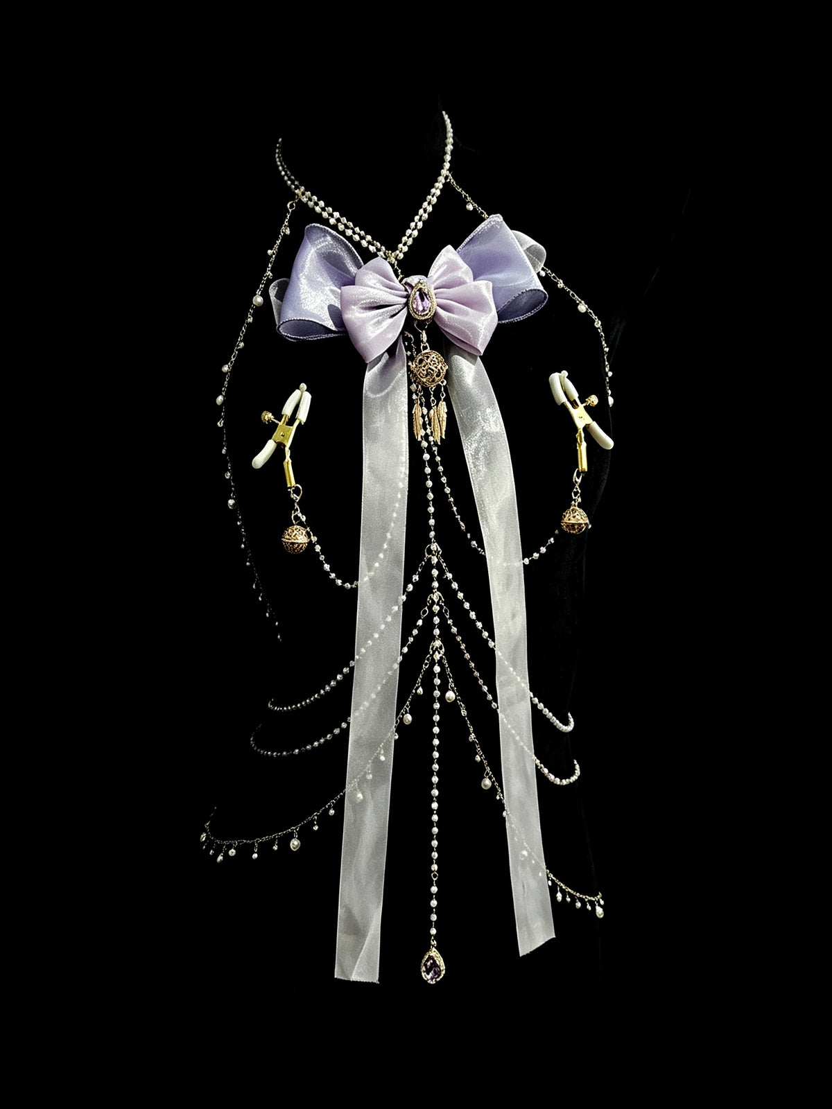 Gothic Bow Ribbon Choker - with Body Chain angle view | Blackyyds