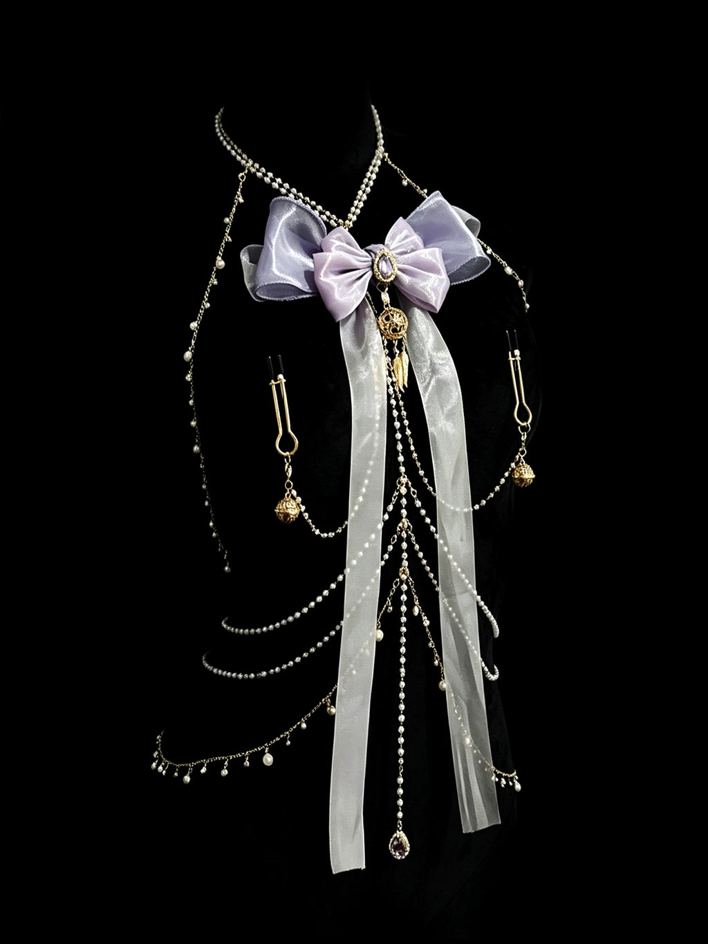 Gothic Bow Ribbon Choker - with Body Chain belly chain detail shot | Blackyyds