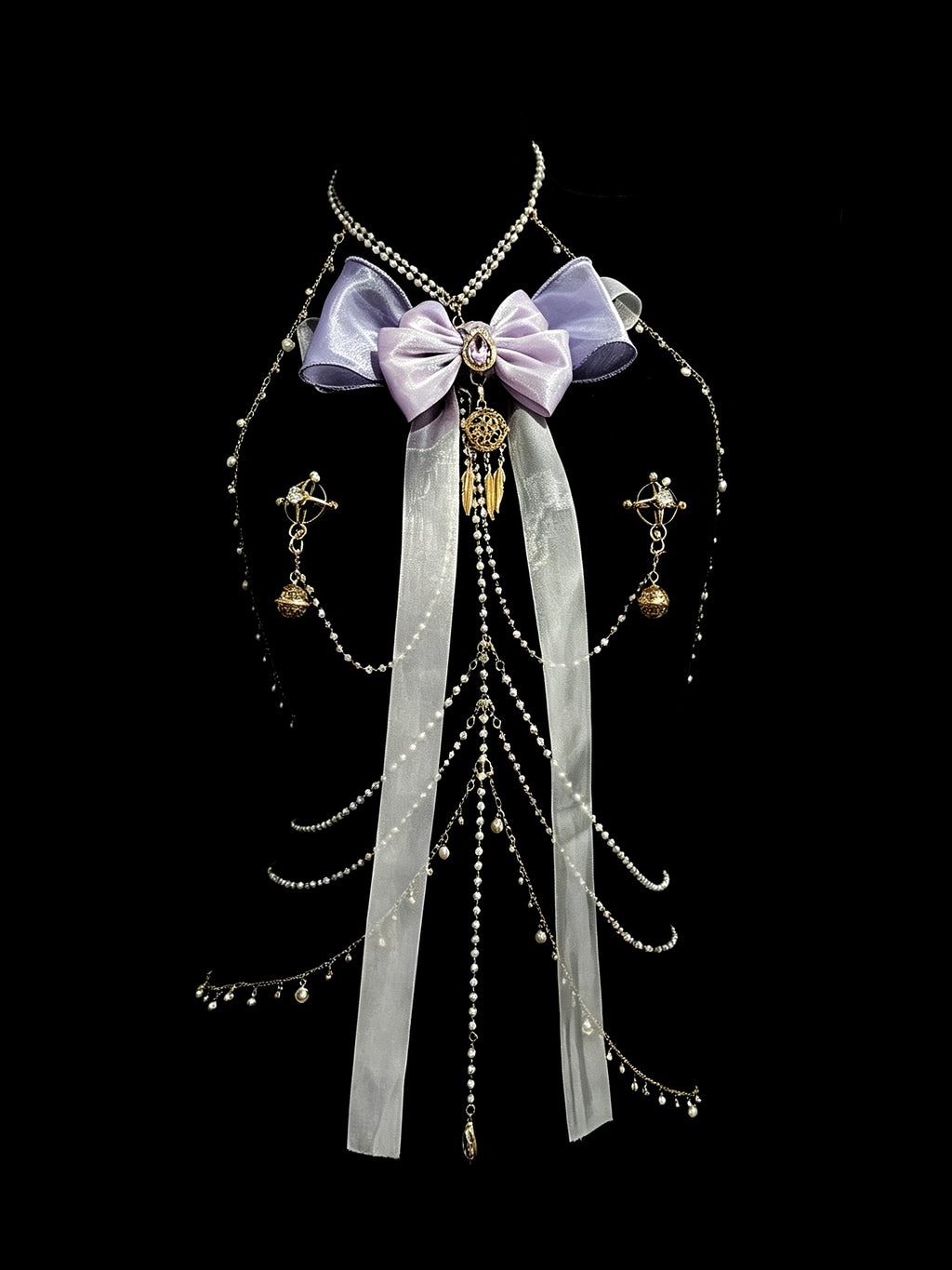 Gothic Bow Ribbon Choker - with Body Chain waist chain product view 4 | Blackyyds