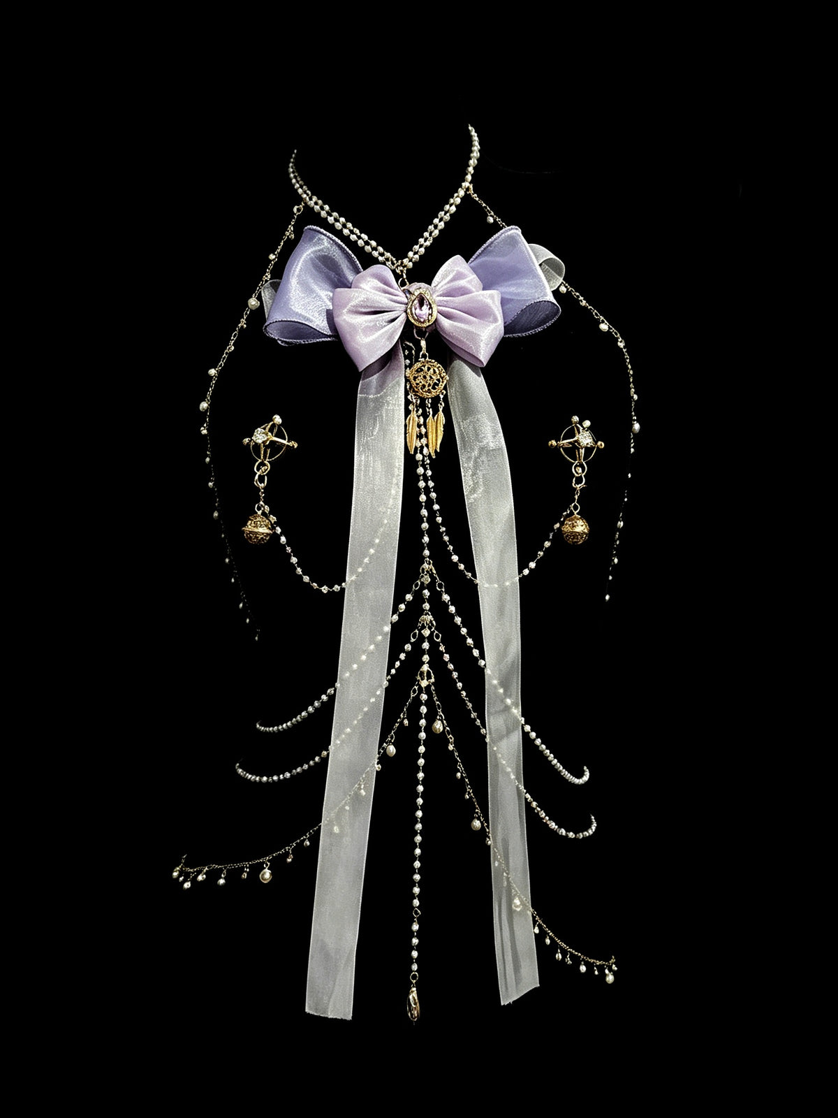 Gothic Bow Ribbon Choker - with Body Chain waist chain product view 4 | Blackyyds