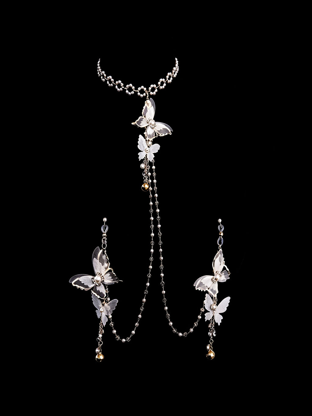 Gothic Butterfly Choker - Rhinestone with Body Chain close-up detail | Blackyyds