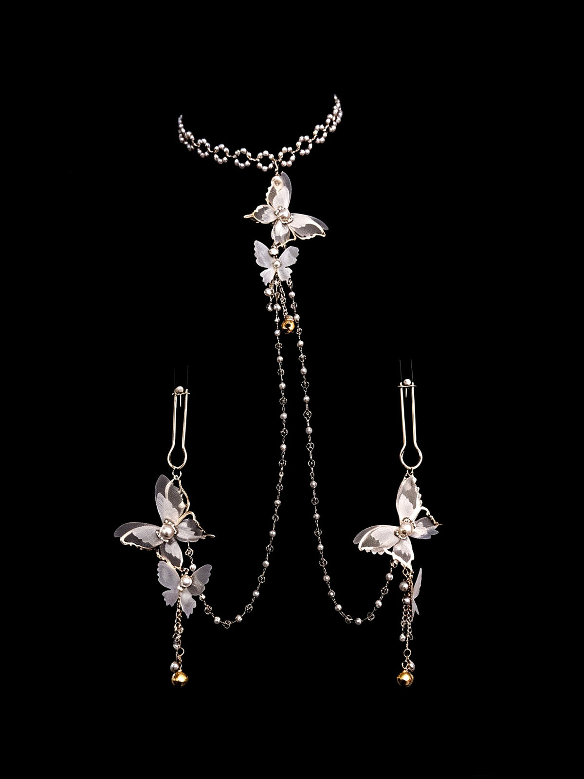 Gothic Butterfly Choker - Rhinestone with Body Chain angle view | Blackyyds