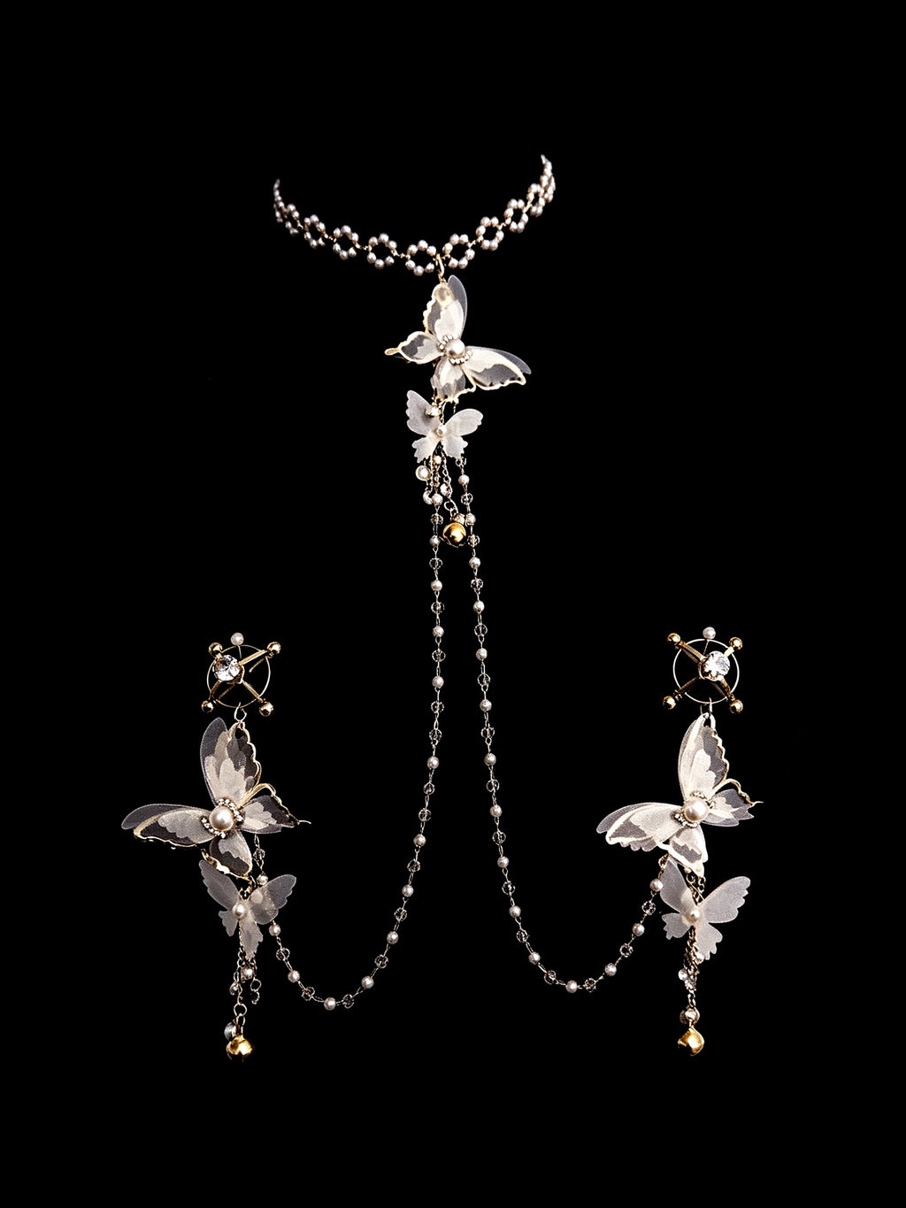 Gothic Butterfly Choker - Rhinestone with Body Chain belly chain detail shot | Blackyyds