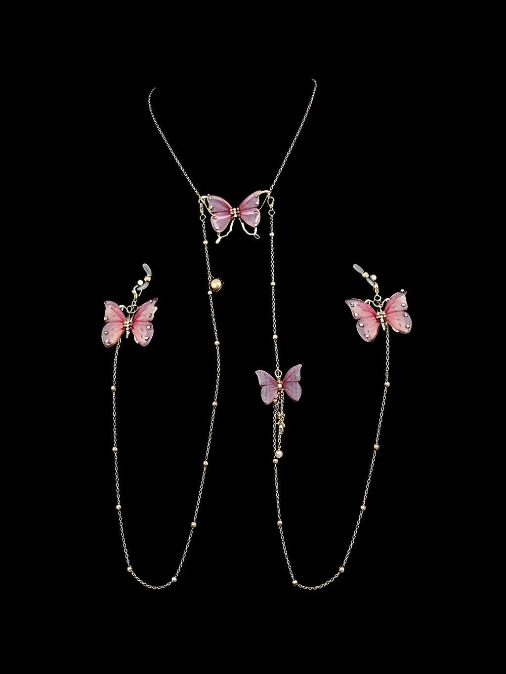 Gothic Butterfly Choker - Sheer Mesh Pearl with Body Chain close-up detail | Blackyyds