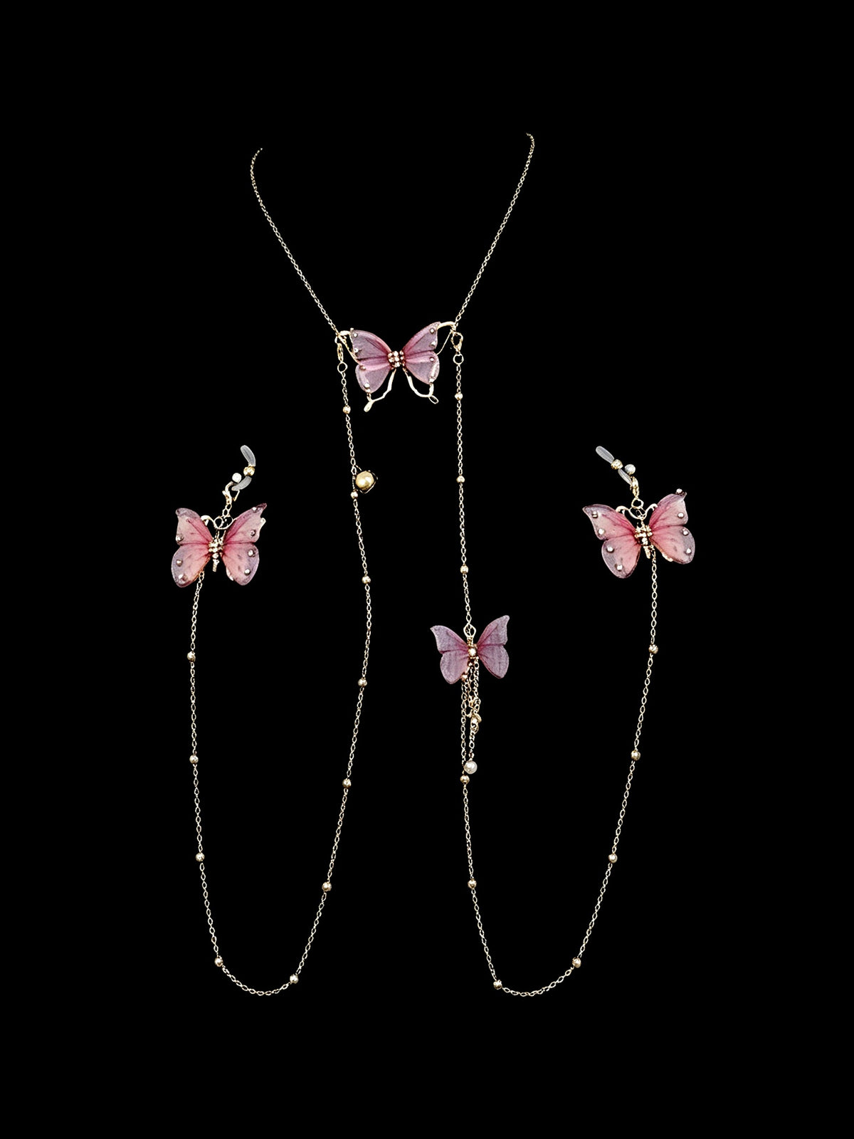 Gothic Butterfly Choker - Sheer Mesh Pearl with Body Chain close-up detail | Blackyyds