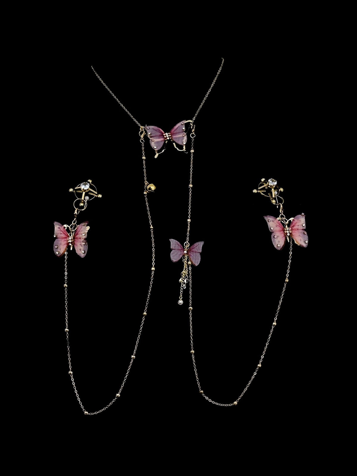 Gothic Butterfly Choker - Sheer Mesh Pearl with Body Chain product view 2 | Blackyyds